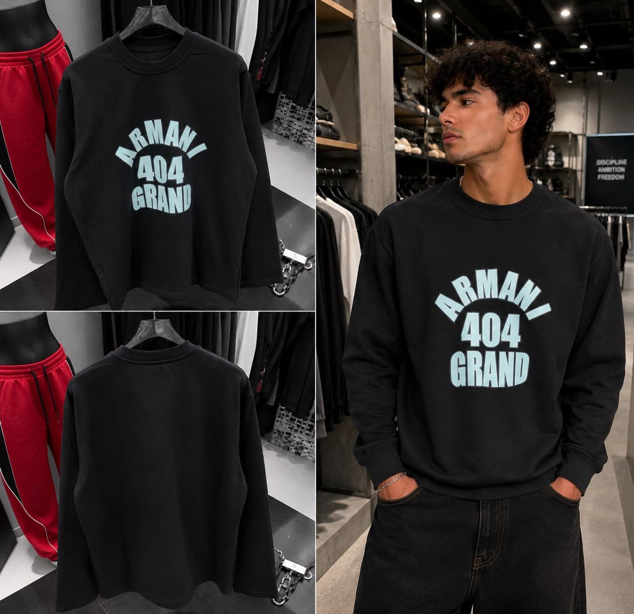Black ARMANI 404 GRND sweatshirt with light blue print, flat lays and model shots.