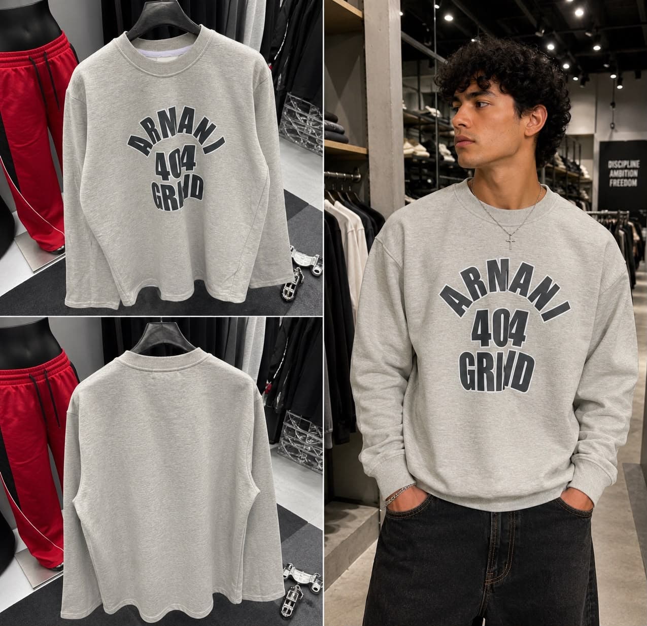 Light gray ARMANI 404 GRND sweatshirt with front, back and model views.