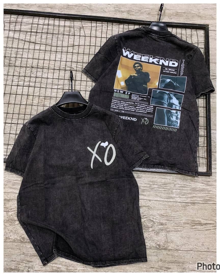Front and back views of black stonewashed t-shirt with The Weeknd XO and After Hours graphics.
