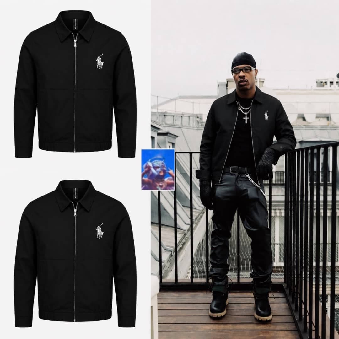 Black Polo embroidered zip-up Harrington jacket in flat lay and lifestyle model shots.