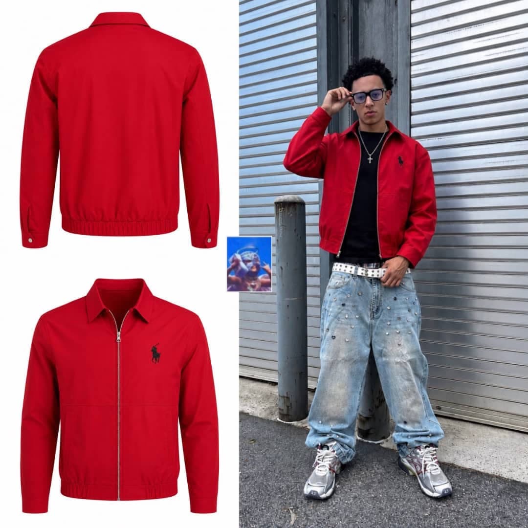 Red Polo embroidered zip-up Harrington jacket in flat lay and lifestyle model shots.