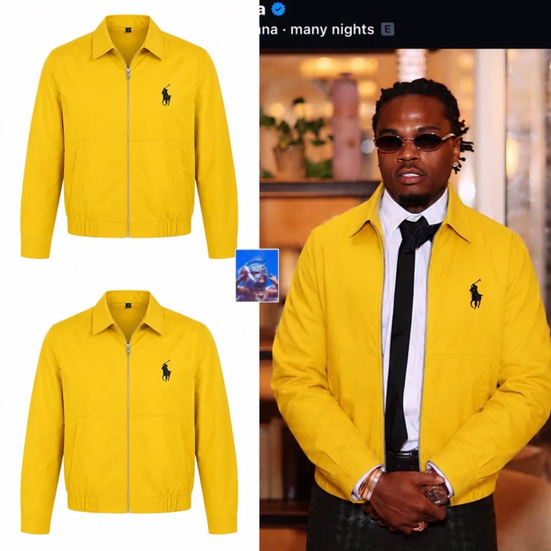 Yellow Polo embroidered zip-up Harrington jacket in flat lay and lifestyle model shots.