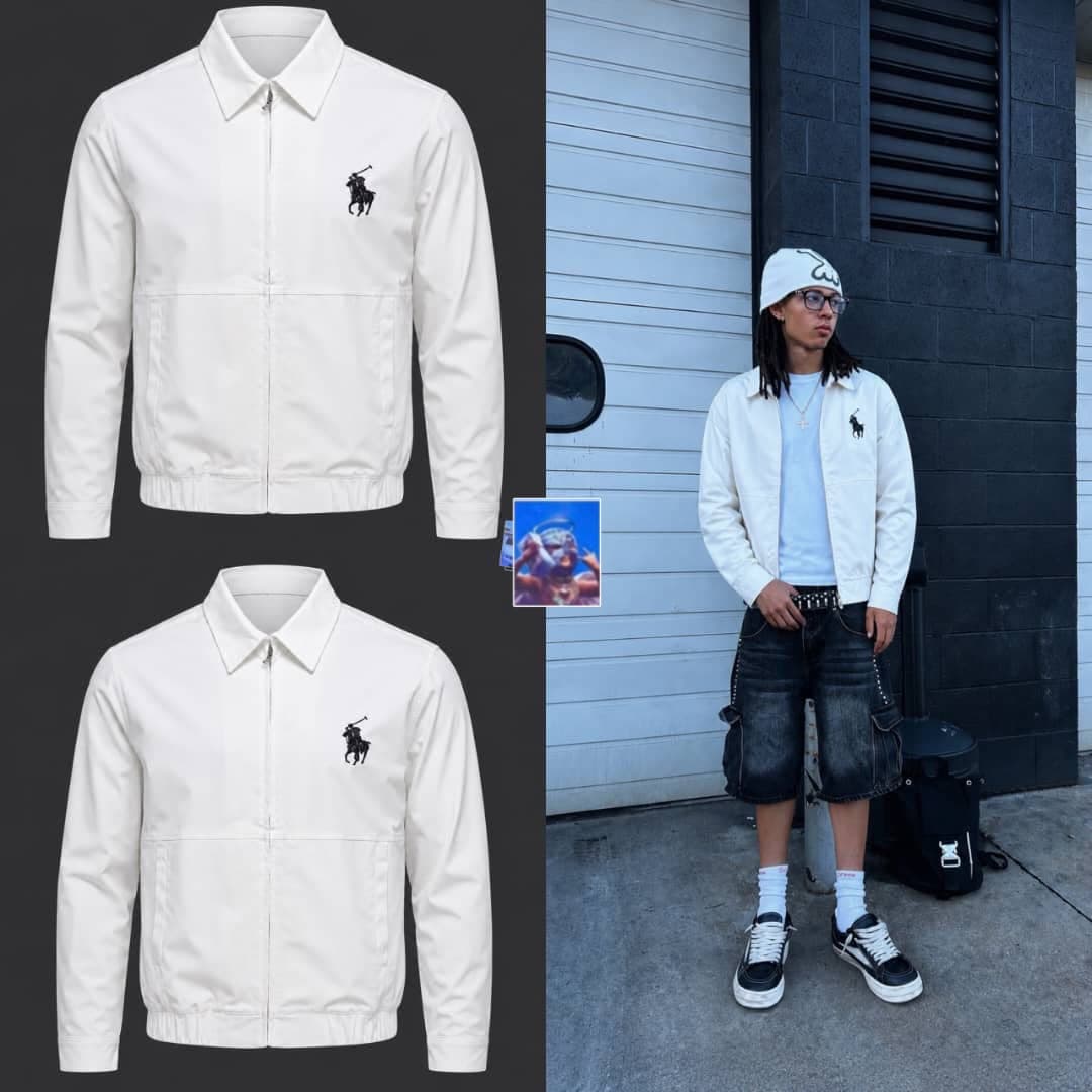 White Polo embroidered zip-up Harrington jacket in flat lay and lifestyle model shots.
