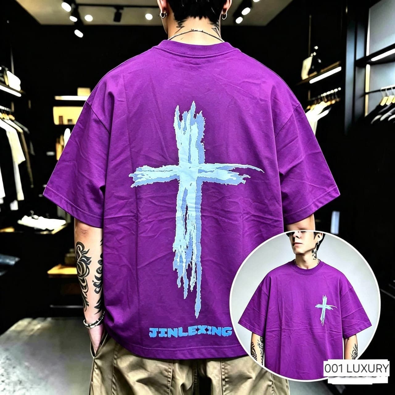 Model in purple oversized Jinlexing t-shirt, back view with light blue cross print and front inset.