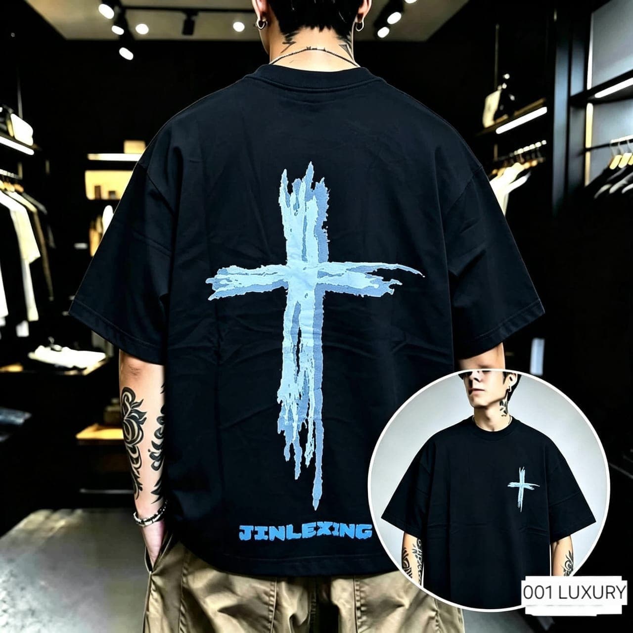 Model in black oversized Jinlexing t-shirt, back view with light blue cross print and front inset.