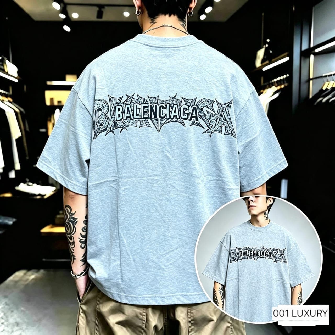 Model in light gray oversized Balenciaga t-shirt, back view with stylized logo print and front inset.