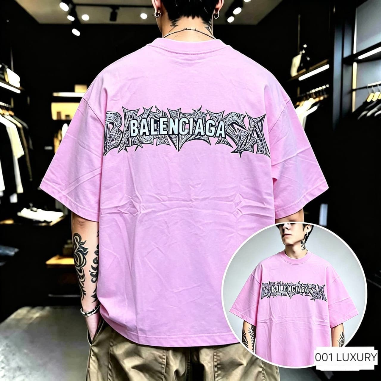 Model in pink oversized Balenciaga t-shirt, back view with stylized logo print and front inset.