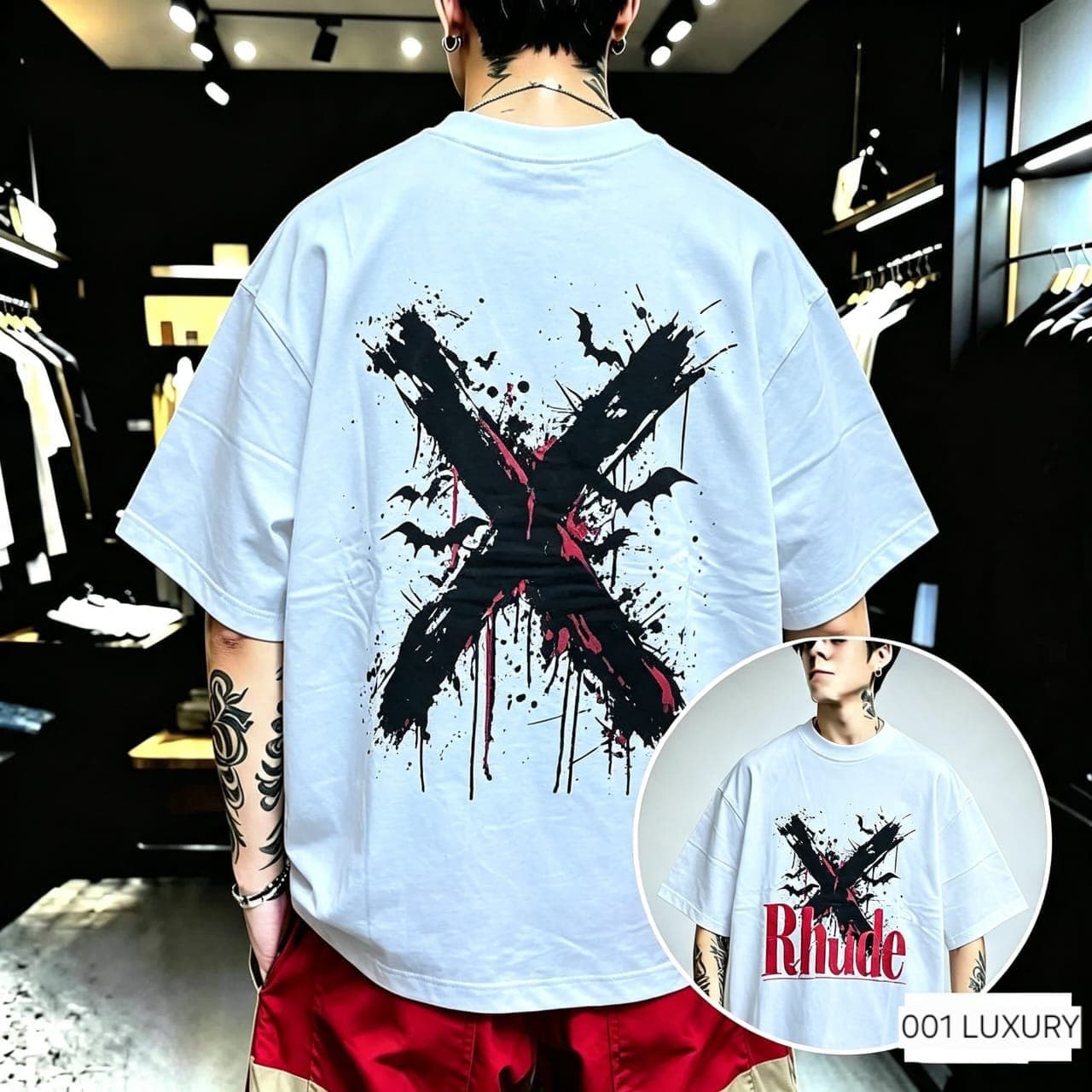 Model in white oversized Rhude t-shirt, back view with black and red splash X print and front inset.