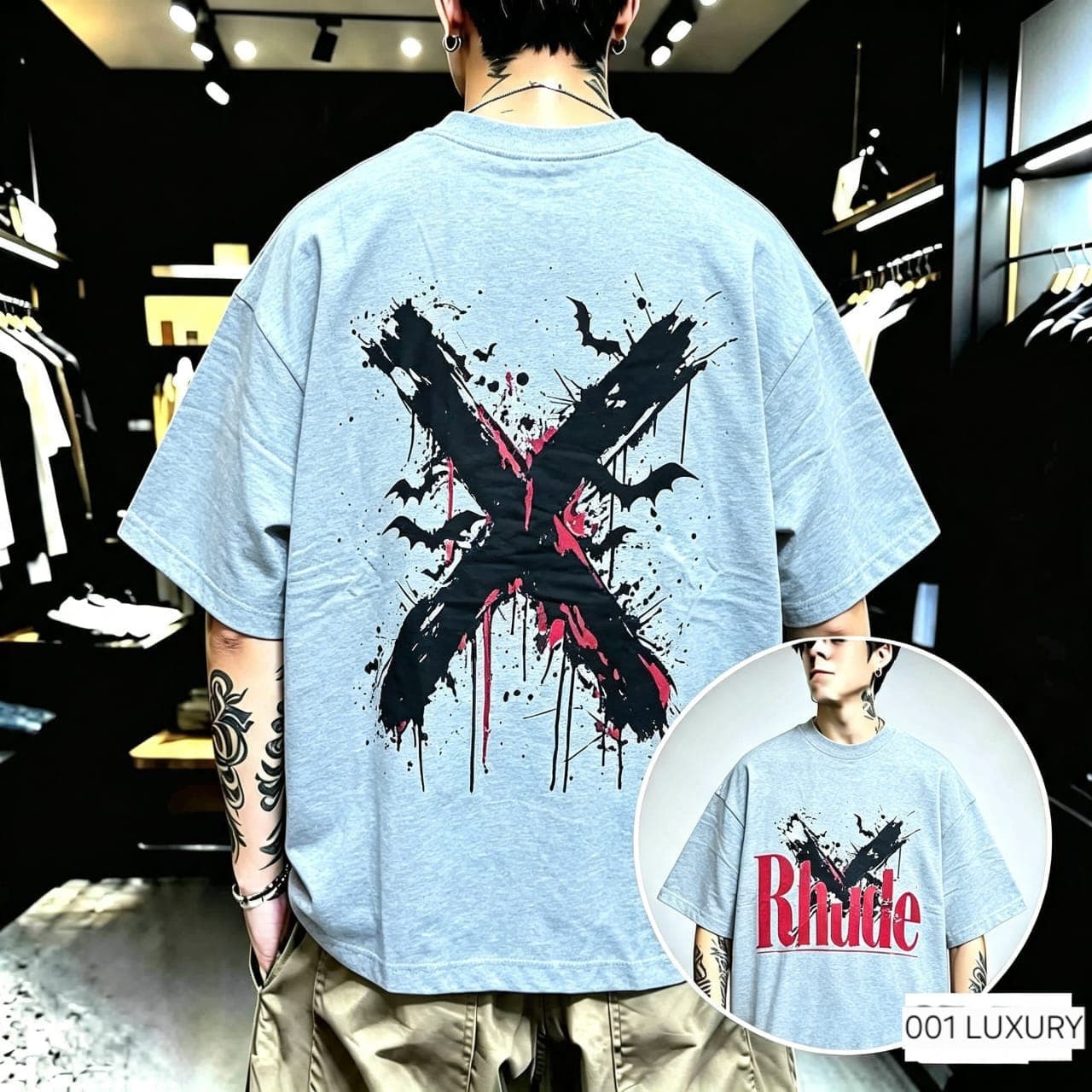 Model in light blue oversized Rhude t-shirt, back view with black and red splash X print and front inset.