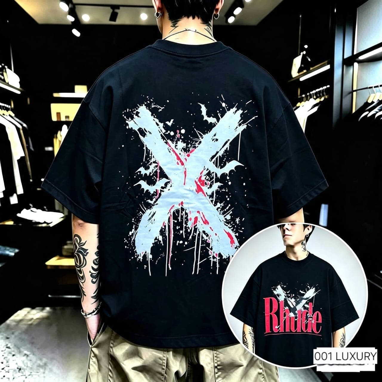 Model in black oversized Rhude t-shirt, back view with blue and red splash X print and front inset.