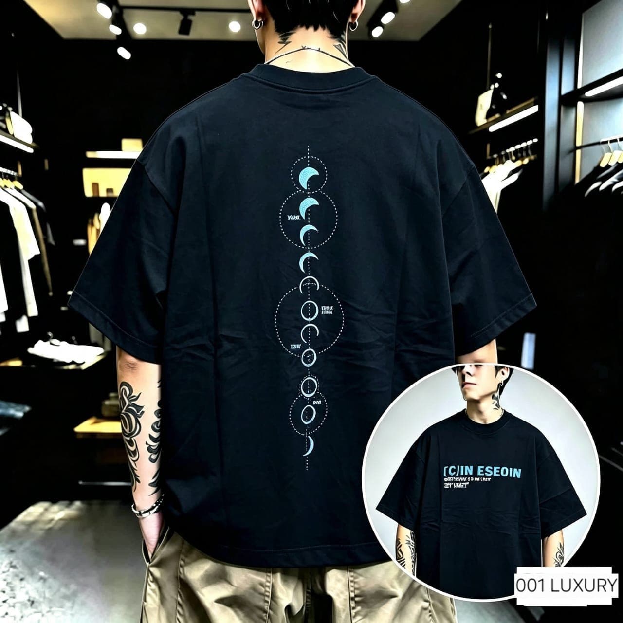 Man wearing black moon phase oversized t-shirt showing back graphic print.