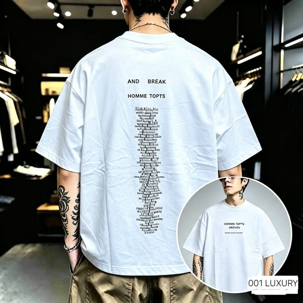 Man wearing white Homme Topts text oversized t-shirt showing back graphic print.