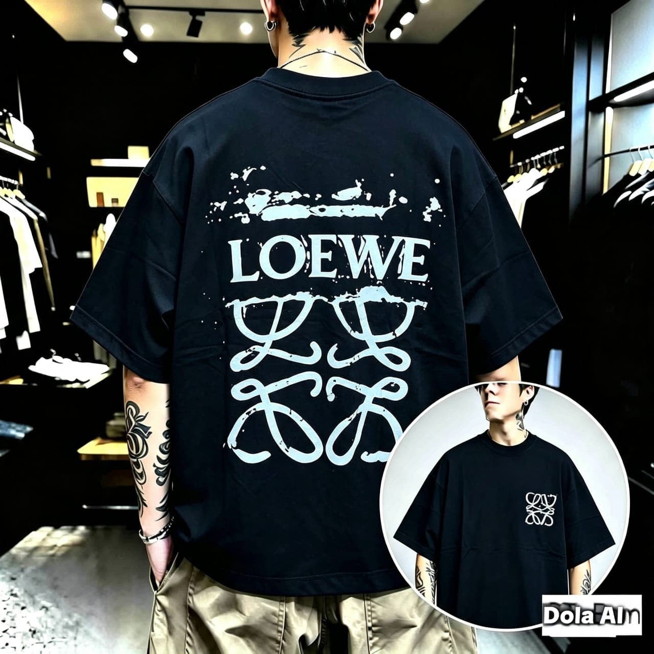 Man wearing black Loewe abstract oversized t-shirt showing back graphic print.