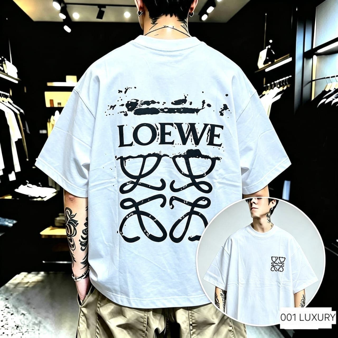 Man wearing white Loewe abstract oversized t-shirt showing back graphic print.