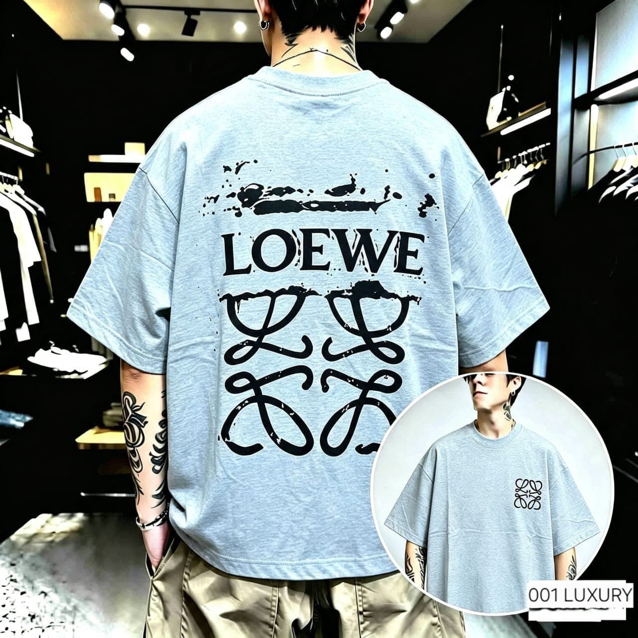 Man wearing gray Loewe abstract oversized t-shirt showing back graphic print.