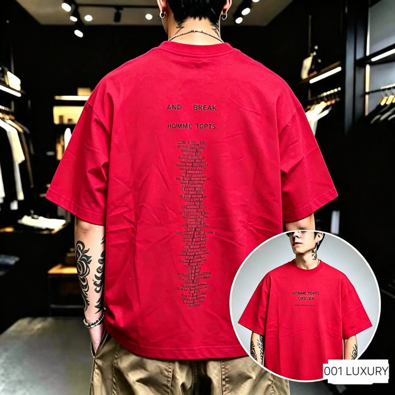 Man wearing red Homme Topts text oversized t-shirt showing back graphic print.