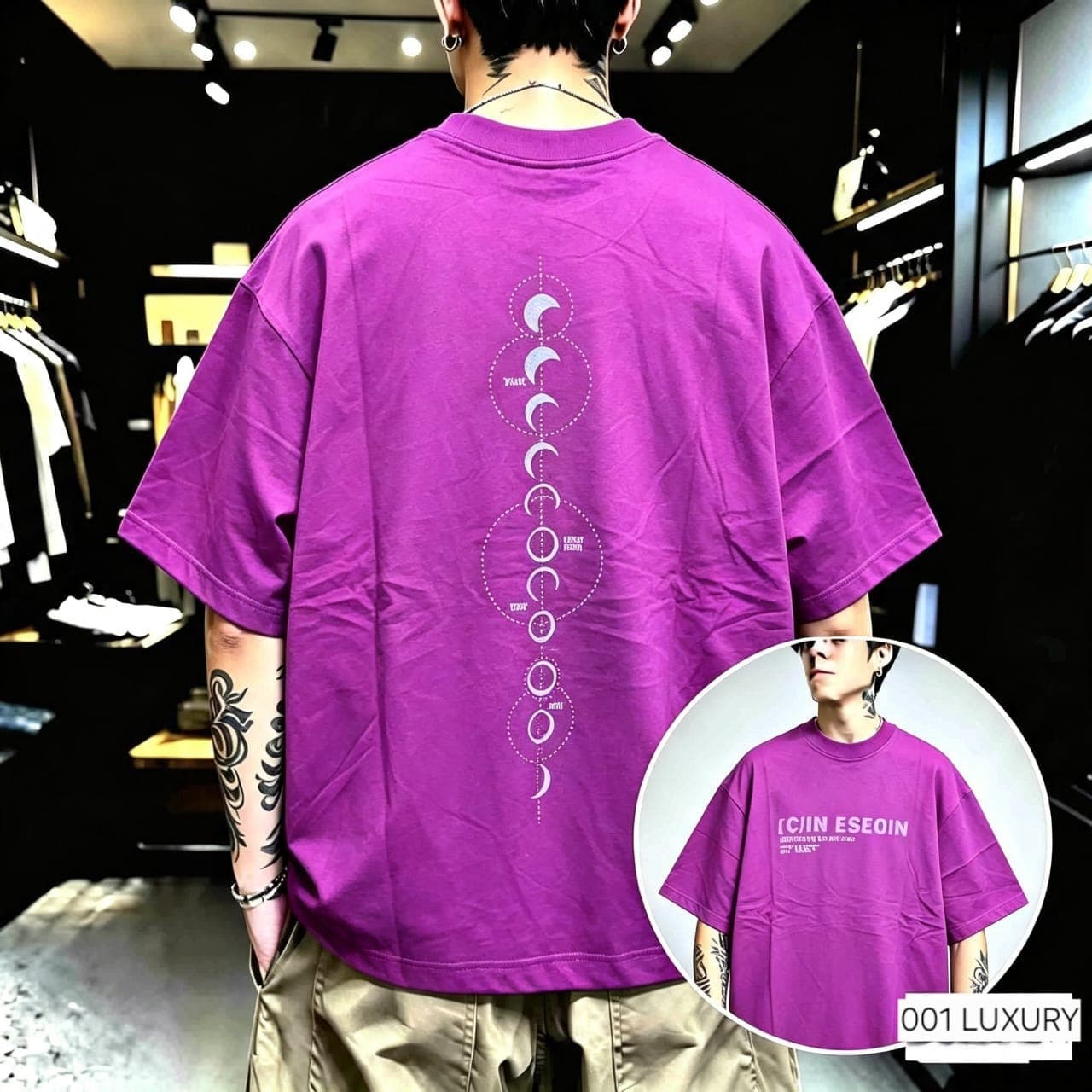 Man wearing purple moon phase oversized t-shirt showing back graphic print.