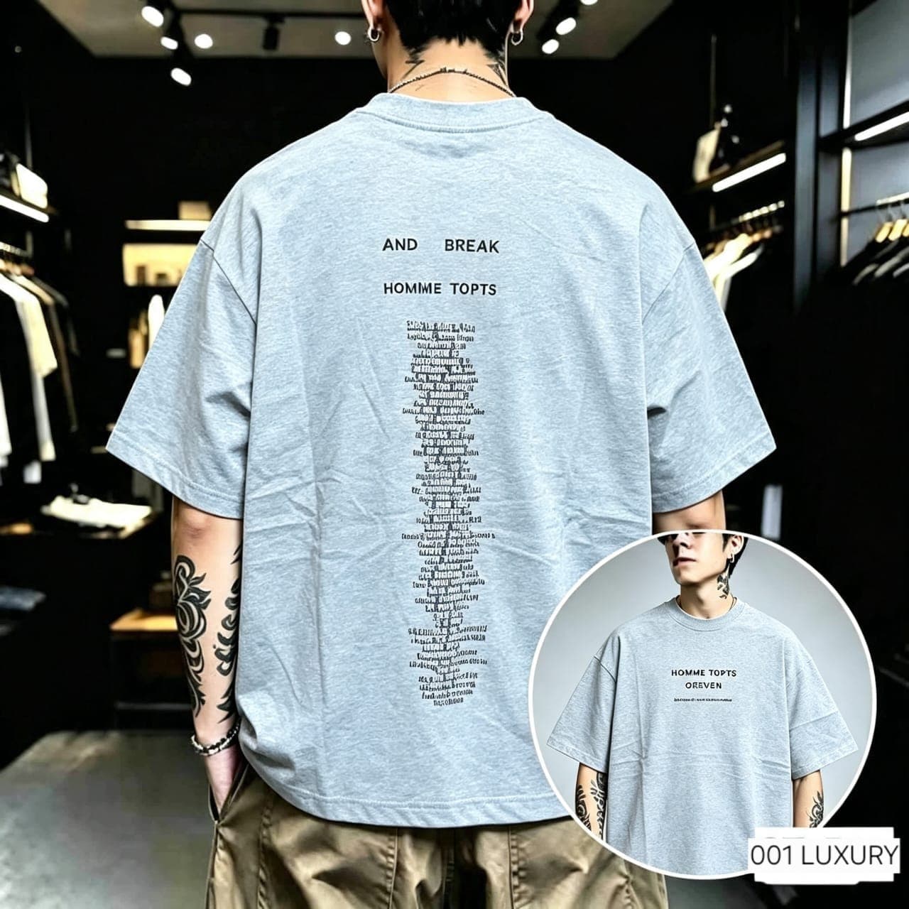 Back view of model in gray oversized t-shirt with Homme Topts text graphic.