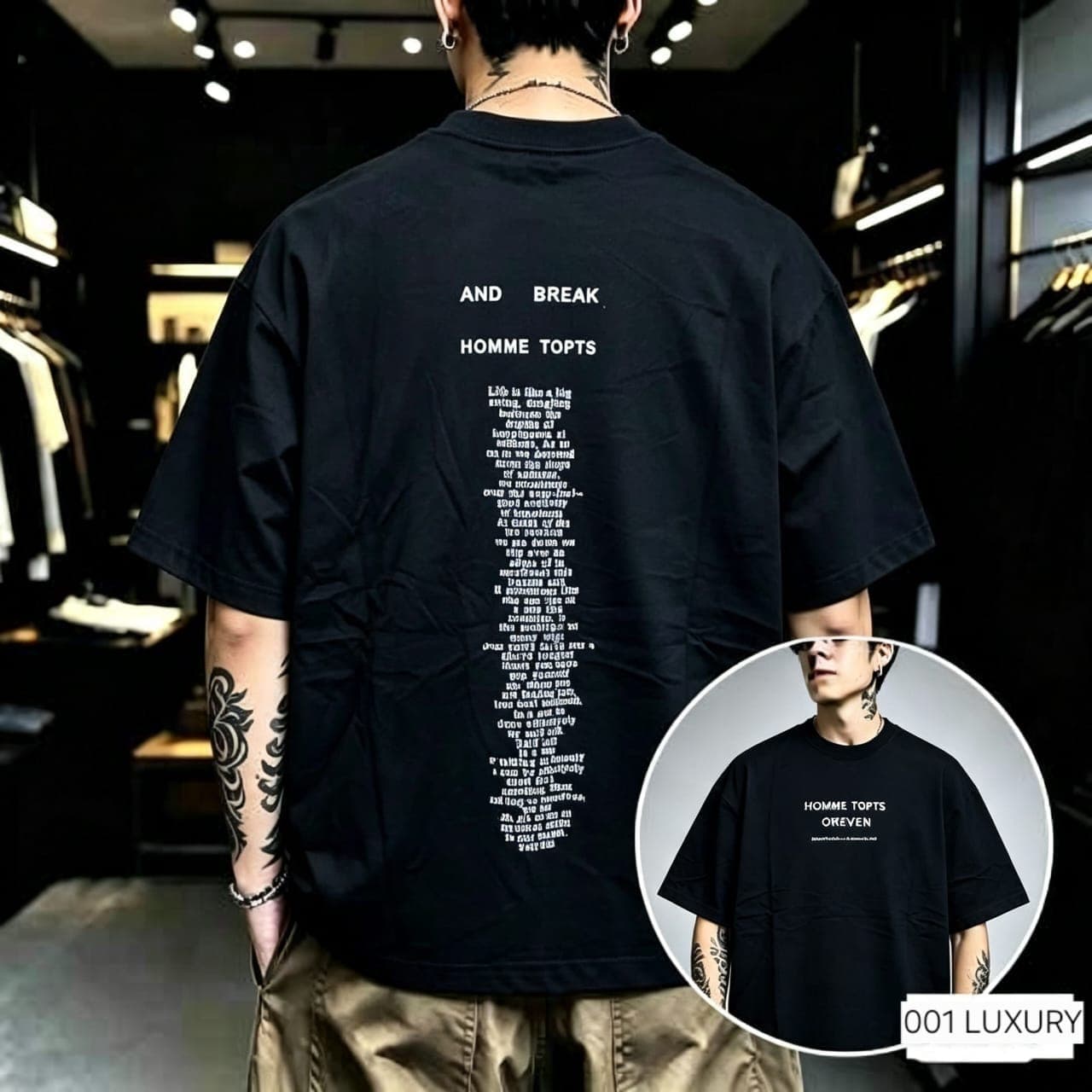 Back view of model in black oversized t-shirt with Homme Topts text graphic.