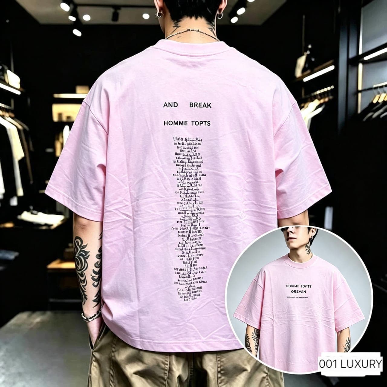 Back view of model in pink oversized t-shirt with Homme Topts text graphic.