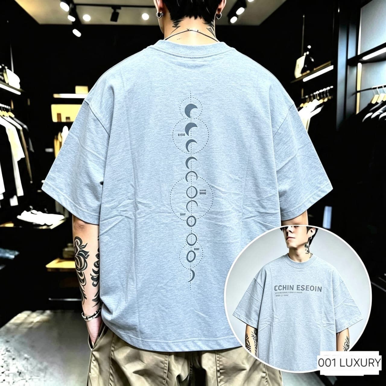Back view of model in gray oversized t-shirt with moon phases graphic.