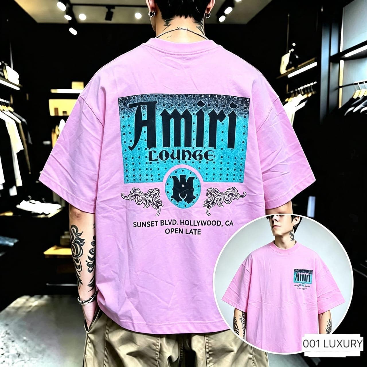 Back view of model in pink Amiri Lounge oversized t-shirt showing large graphic.