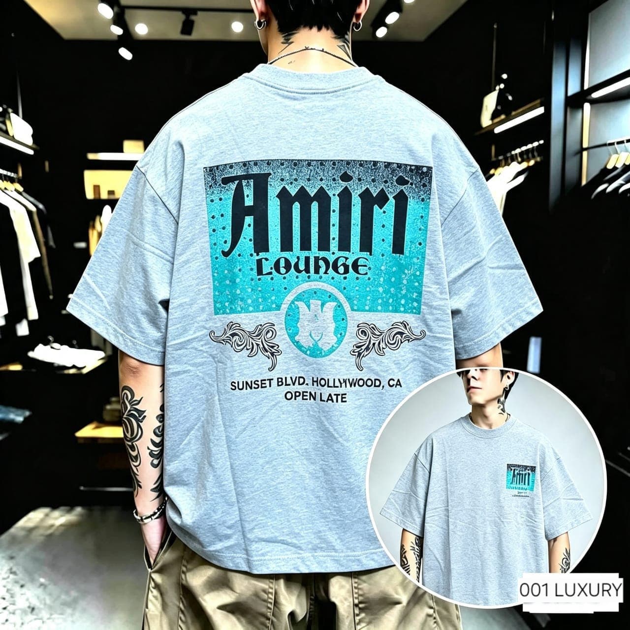 Back view of model in gray Amiri Lounge oversized t-shirt showing large graphic.