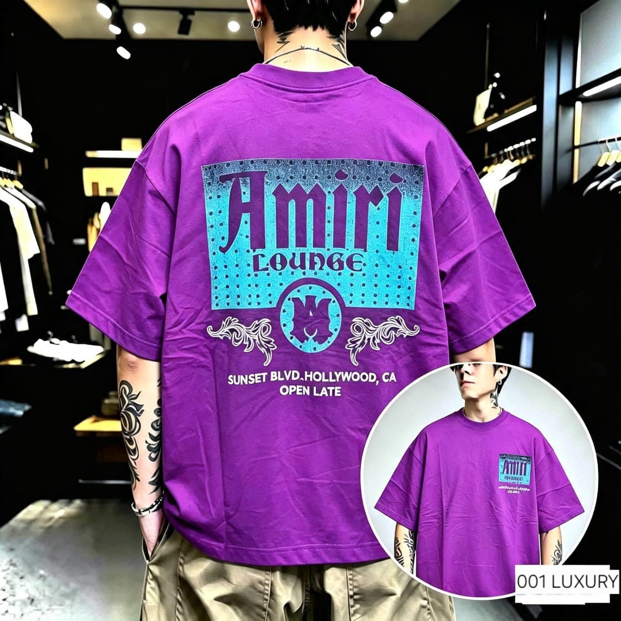 Back view of model in purple Amiri Lounge oversized t-shirt showing large graphic.