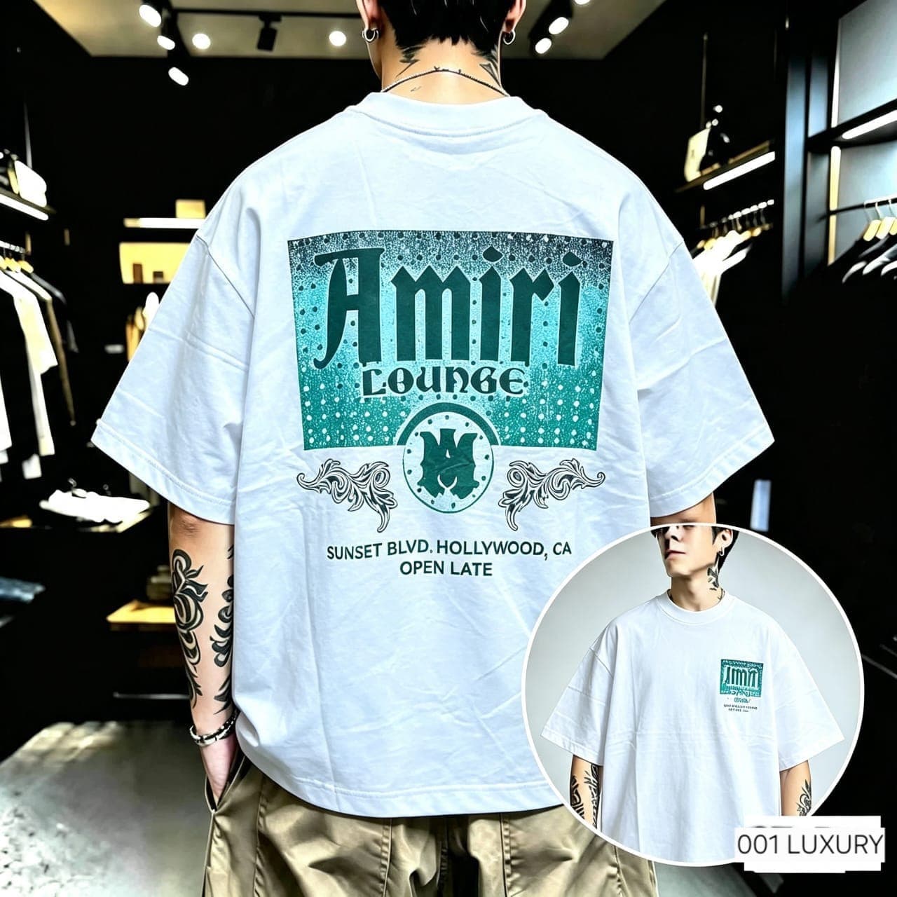 Back view of model in white Amiri Lounge oversized t-shirt showing large graphic.