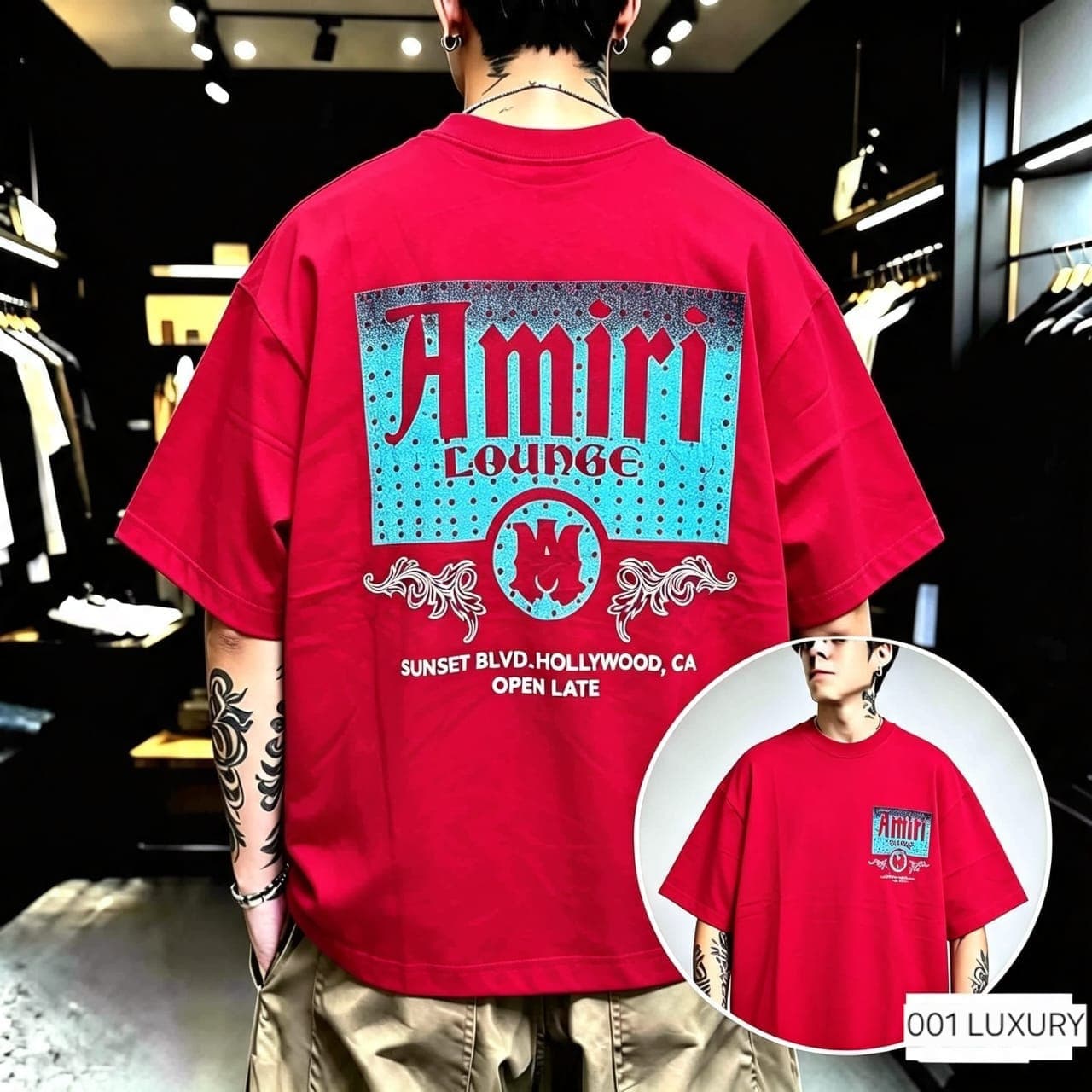 Back view of model in red Amiri Lounge oversized t-shirt showing large graphic.