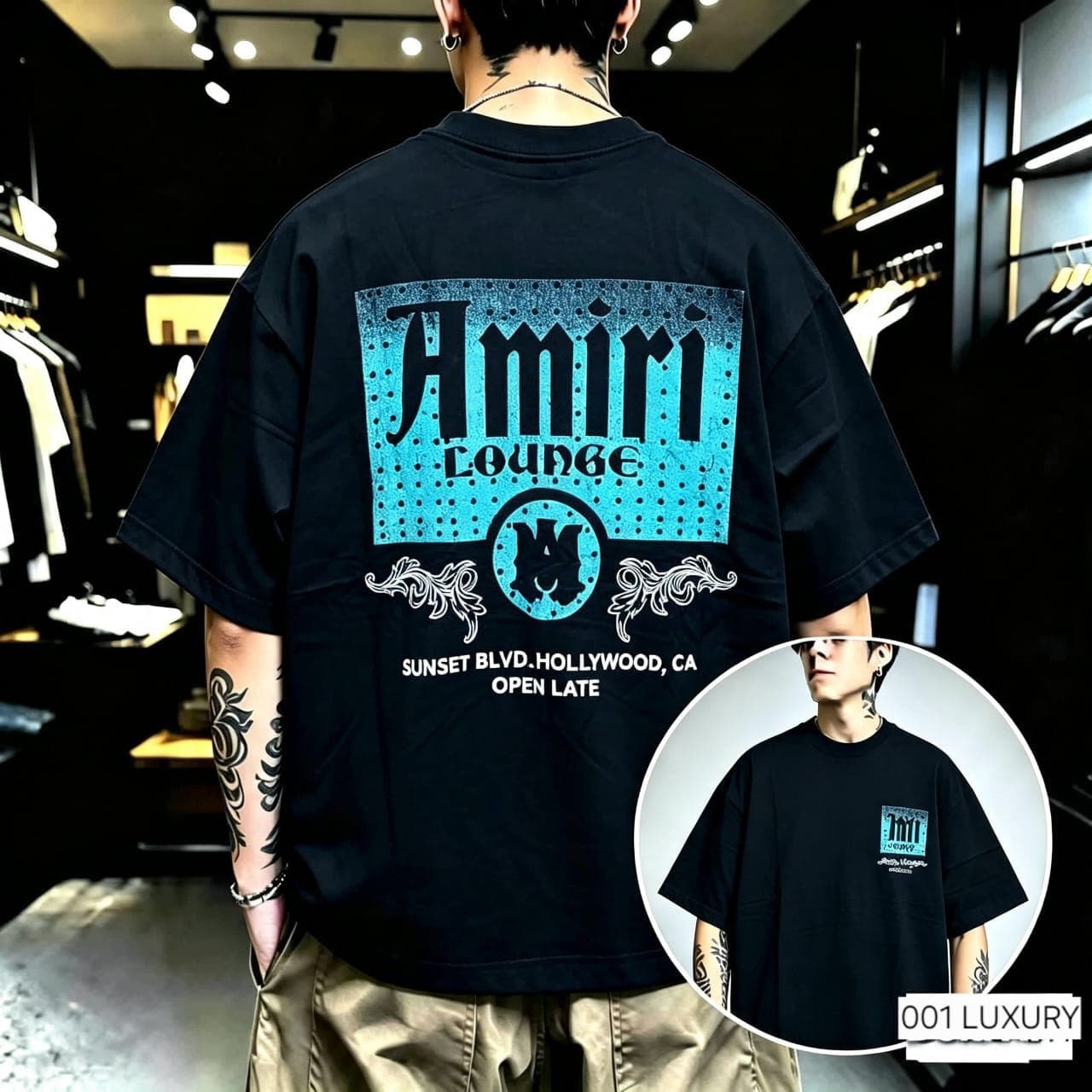 Back view of model in black Amiri Lounge oversized t-shirt showing large graphic.