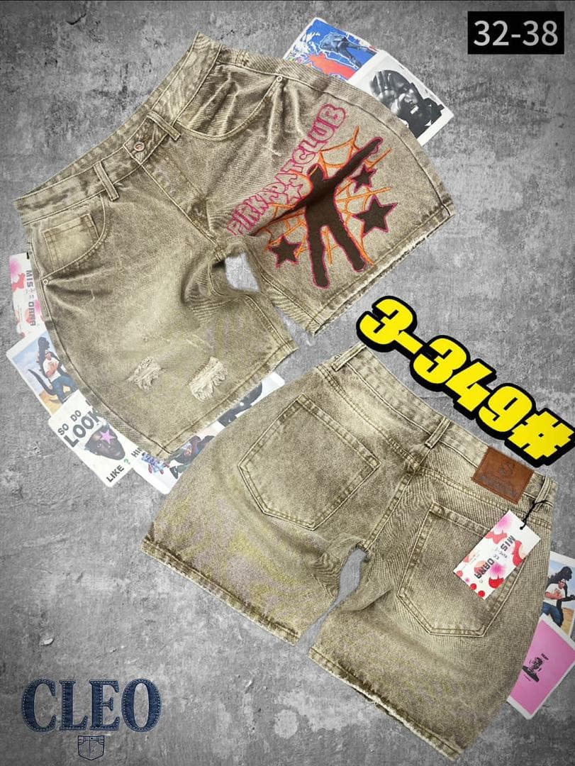 Front and back views of beige distressed denim shorts with Pink Club graphic.