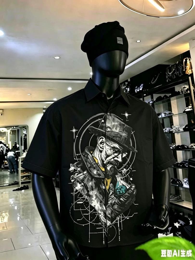 Black short sleeve button-up shirt with large alchemist graphic print on mannequin.