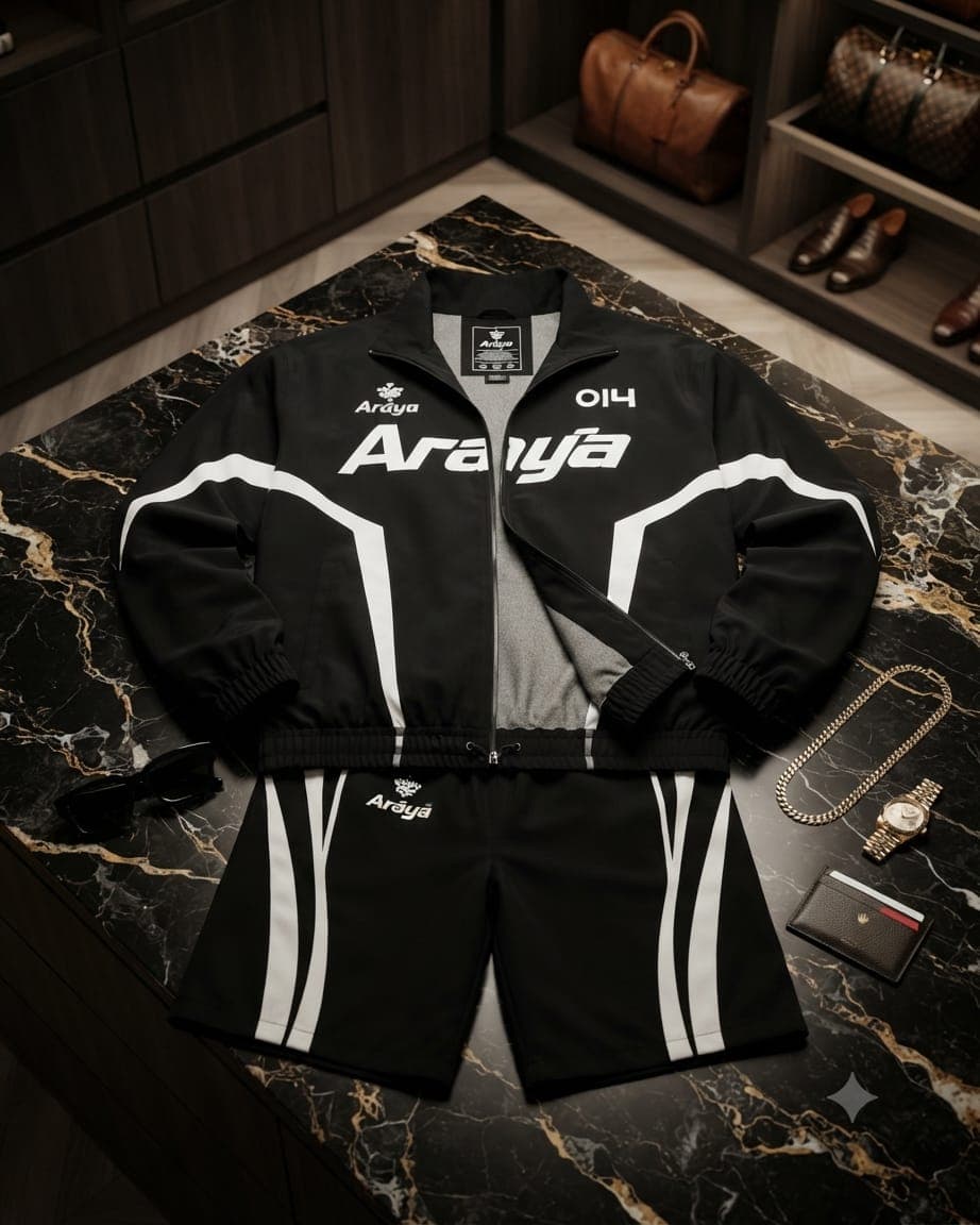Black Araya zip jacket shown open with interior tag, paired with matching cargo shorts and styling accessories.