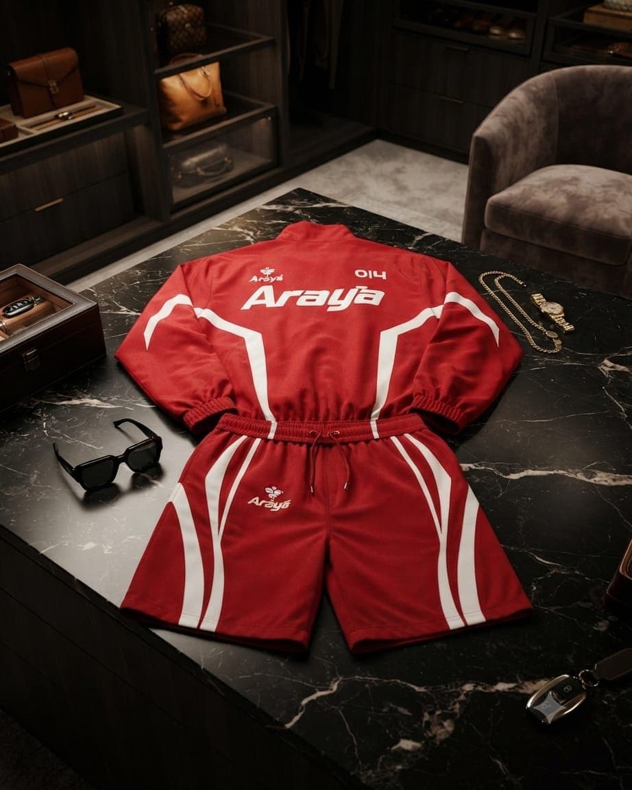 Red Araya tracksuit set with white contrast stripes and logo, displayed on marble with sunglasses and accessories.