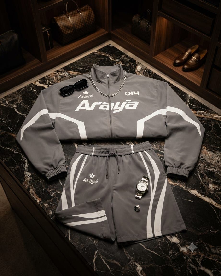 Gray Araya zip jacket and cargo shorts set with white stripes and branding, styled flat with accessories on marble.