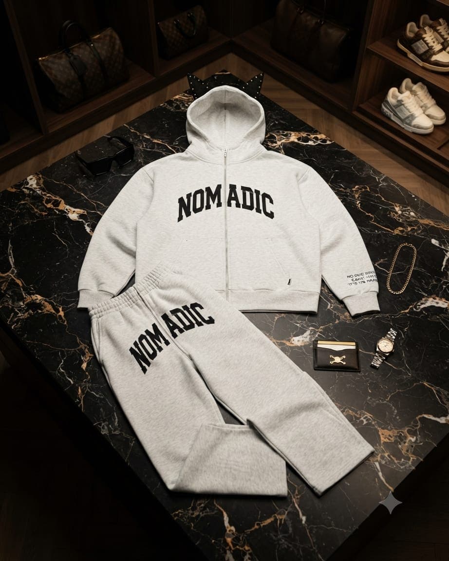 Light gray NOM ADIC zip-up hoodie and jogger set on marble surface with accessories.