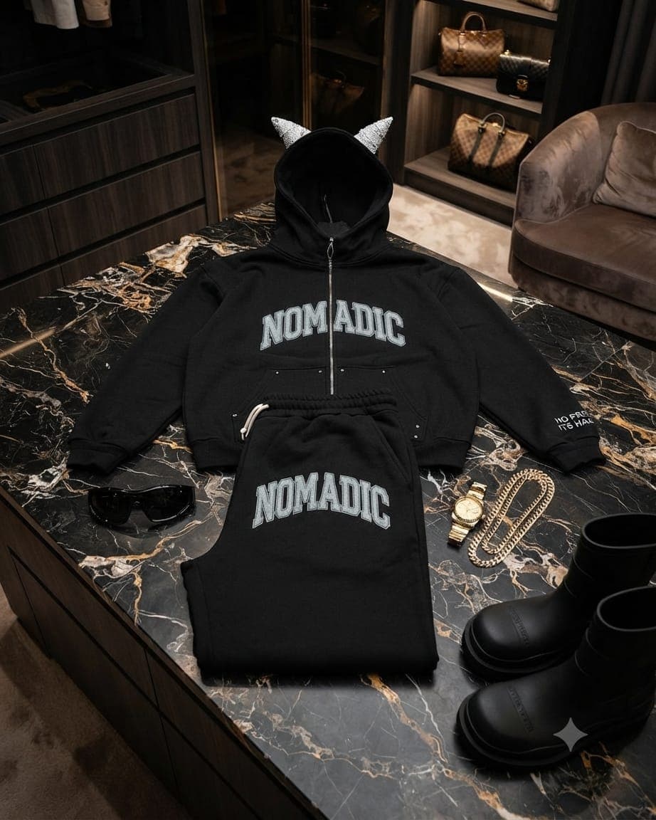 Black NOM ADIC zip-up hoodie and jogger set displayed on marble table with styling accessories.