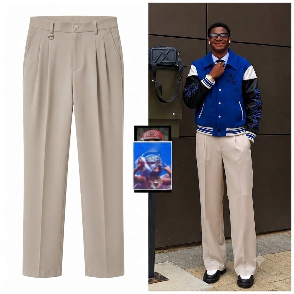 Beige pleated flare pants in flat lay and worn by model with blue varsity jacket.