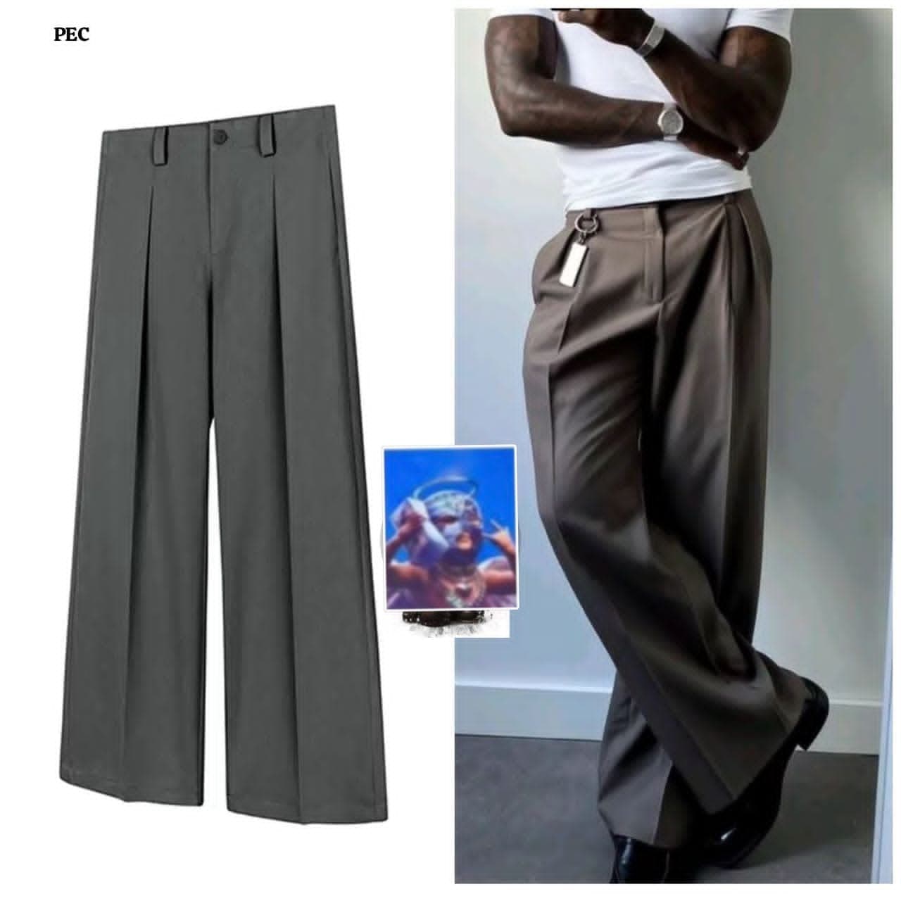 Gray and brown pleated flare pants shown in flat lay and model shots.