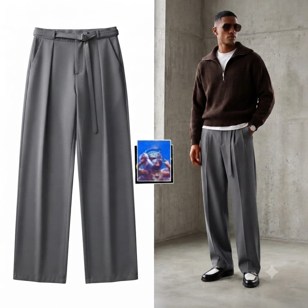 Gray flare pants with self belt in flat lay and model wearing with brown sweater.