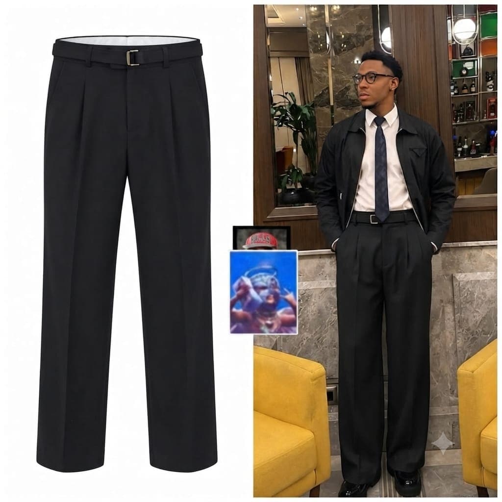 Black pleated flare pants displayed in flat lay and on model in formal shirt and tie.