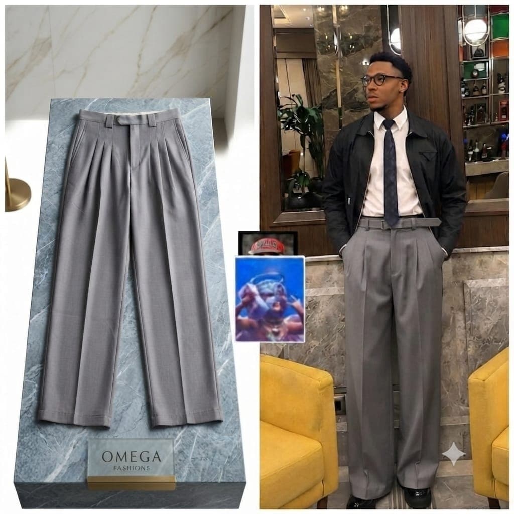 Gray pleated flare pants shown in flat lay on marble and worn by model with black jacket.