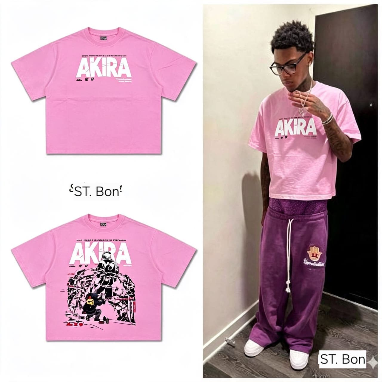 Pink Akira graphic t-shirt shown in two print styles.