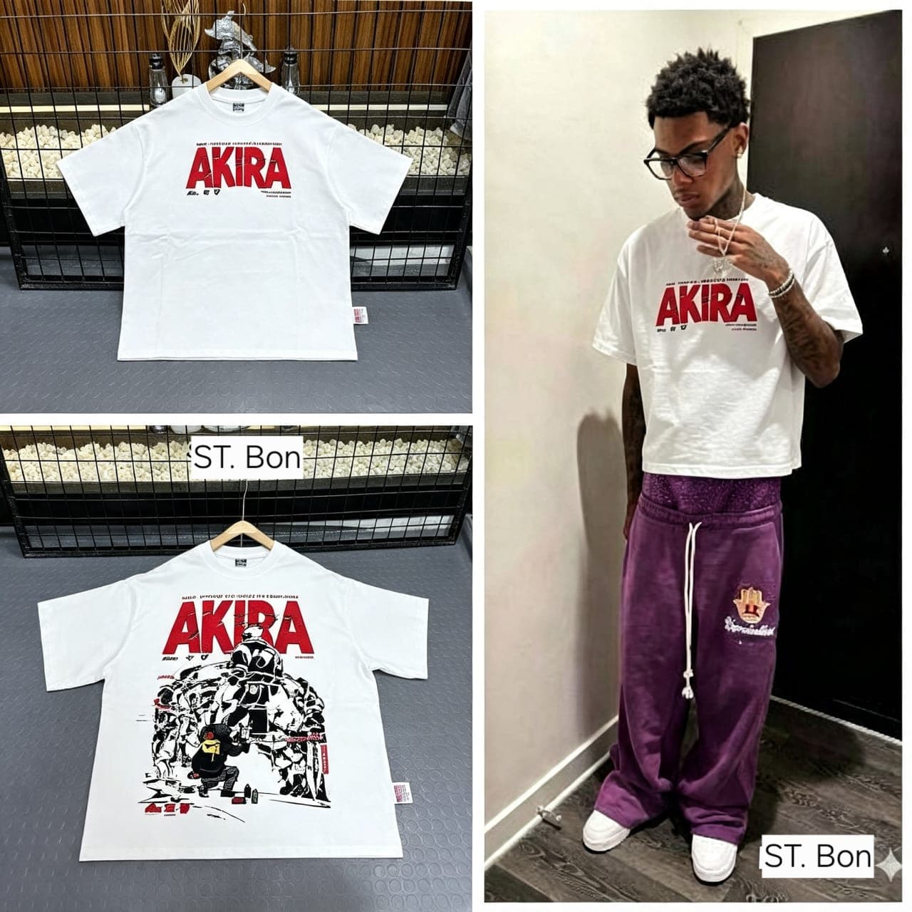 White Akira graphic t-shirt shown in two print styles.