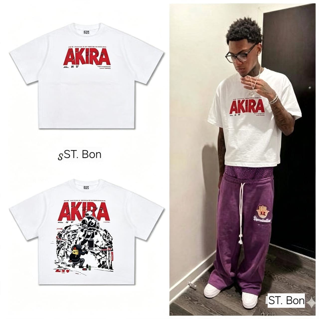 White Akira graphic t-shirt shown in two print styles.