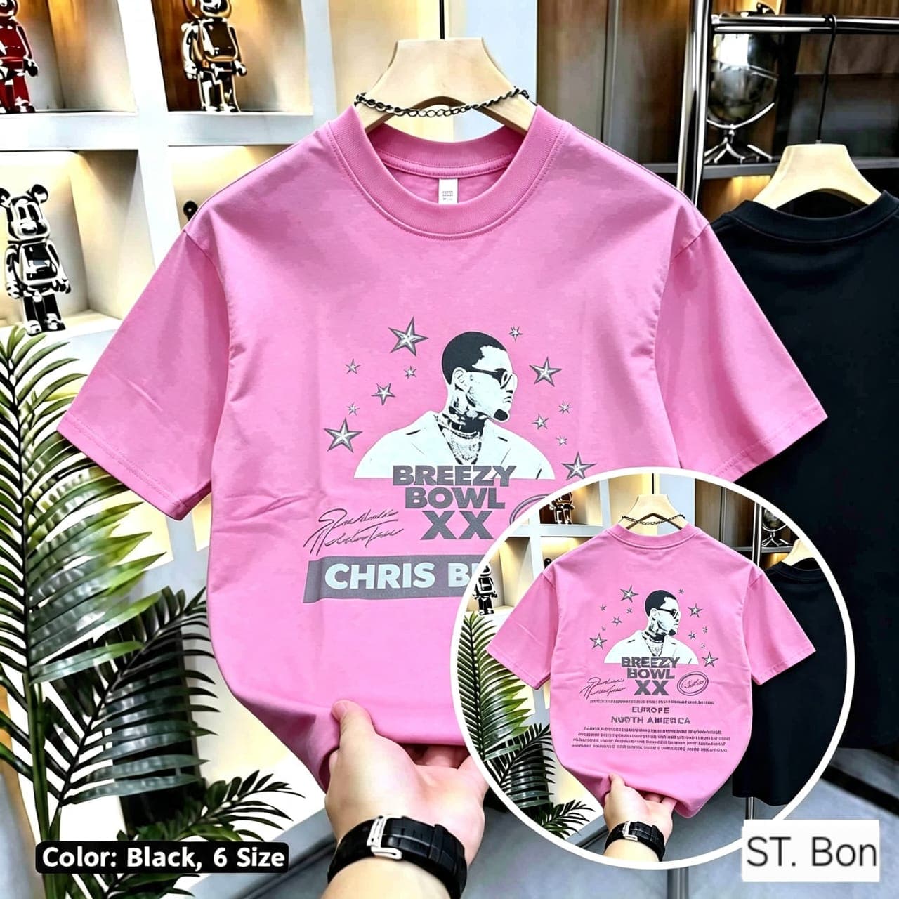 Pink Chris Brown graphic t-shirt shown front and back.