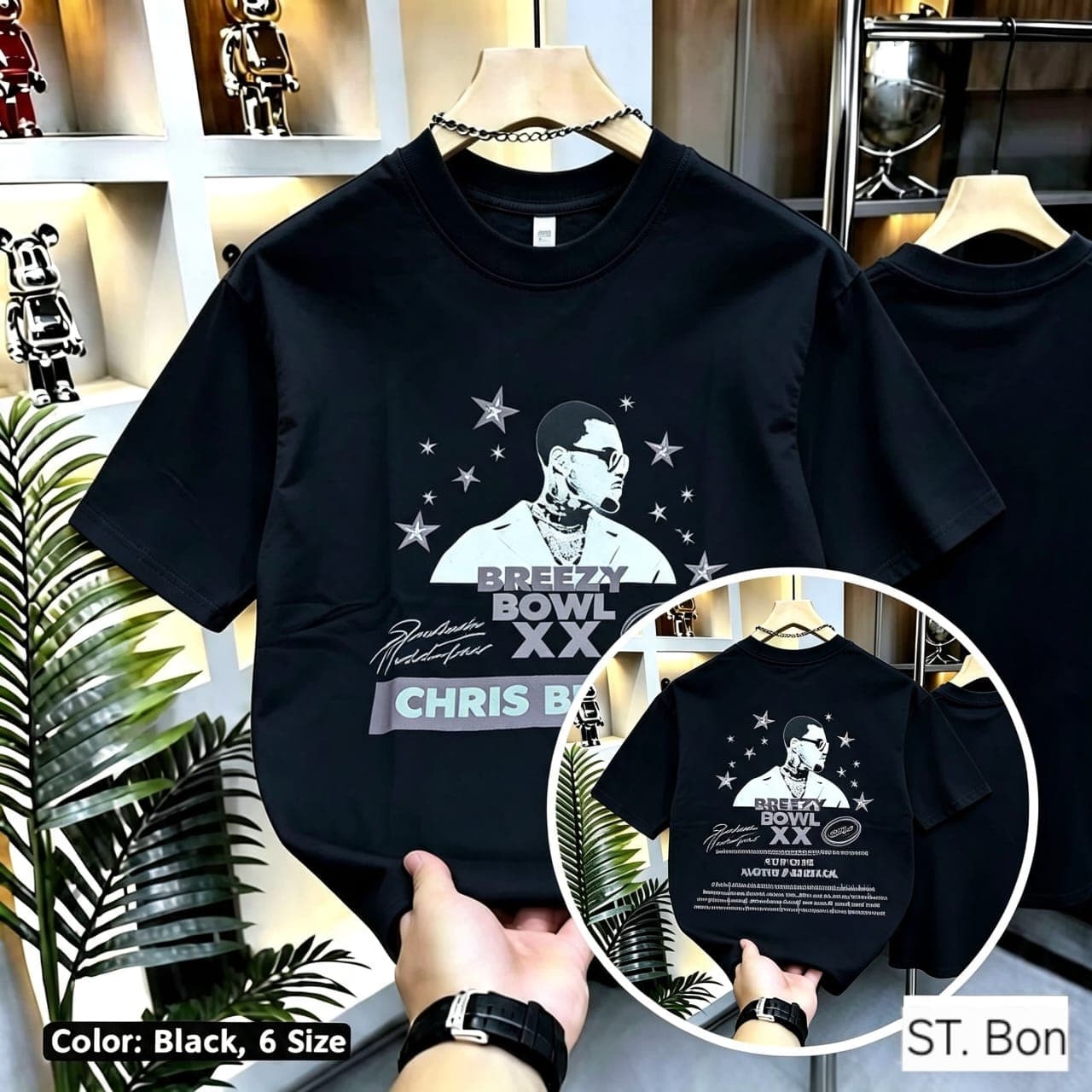 Black Chris Brown graphic t-shirt shown front and back.