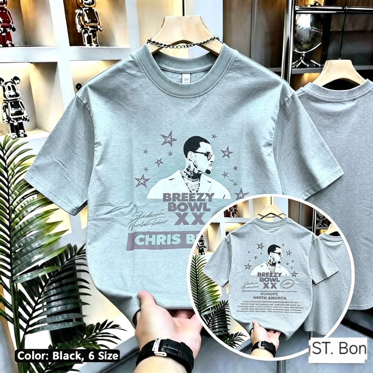 Gray Chris Brown graphic t-shirt shown front and back.