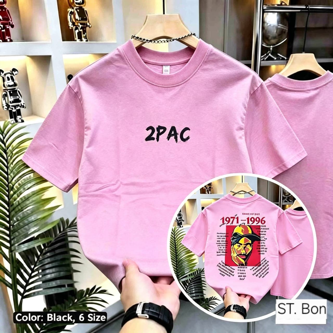 Pink 2PAC graphic t-shirt shown front and back.